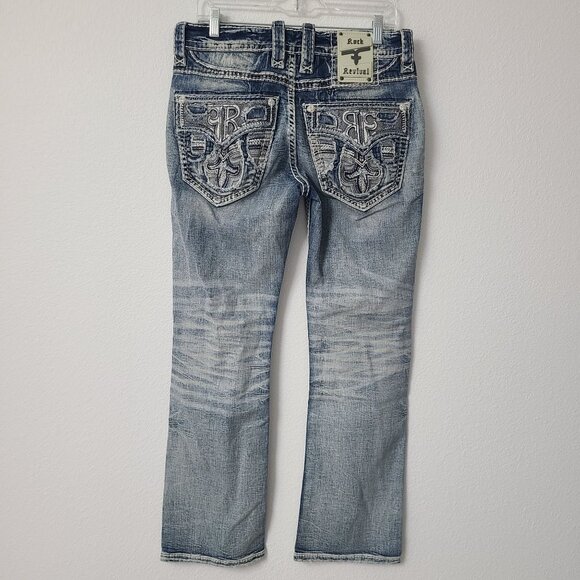 NEW Rock Revival Nash Slim Boot Distressed Denim Jeans Size 32x32 Blue